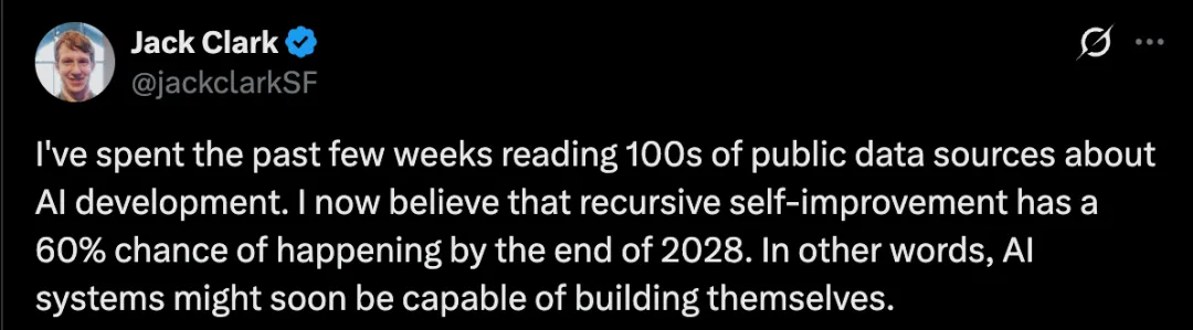 Jack Clark tweet saying recursive self-improvement has a 60 percent chance by the end of 2028